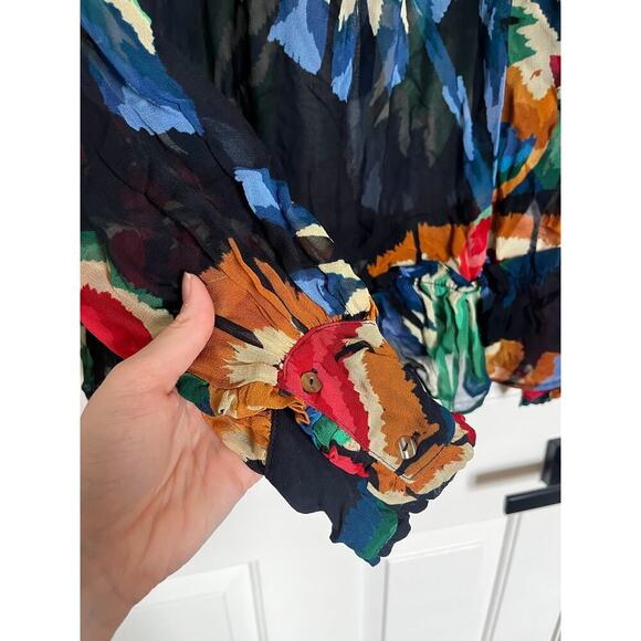 Farm Rio Chevron Tropical Forest Smocked Long Sleeve Blouse Black Small - Picture 6 of 10